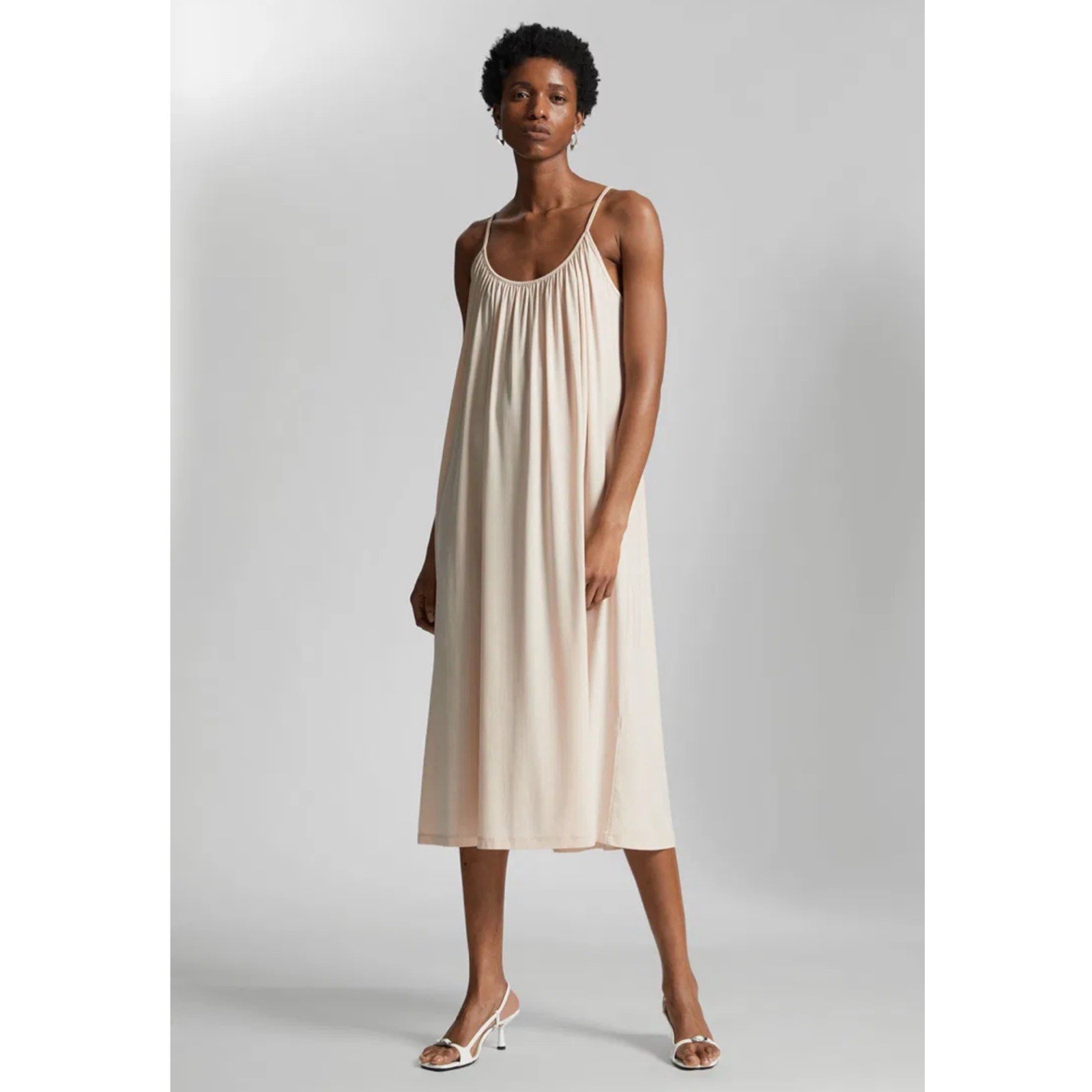 & Other Stories Gathered Detail Strappy Dress Ivory Midi Small